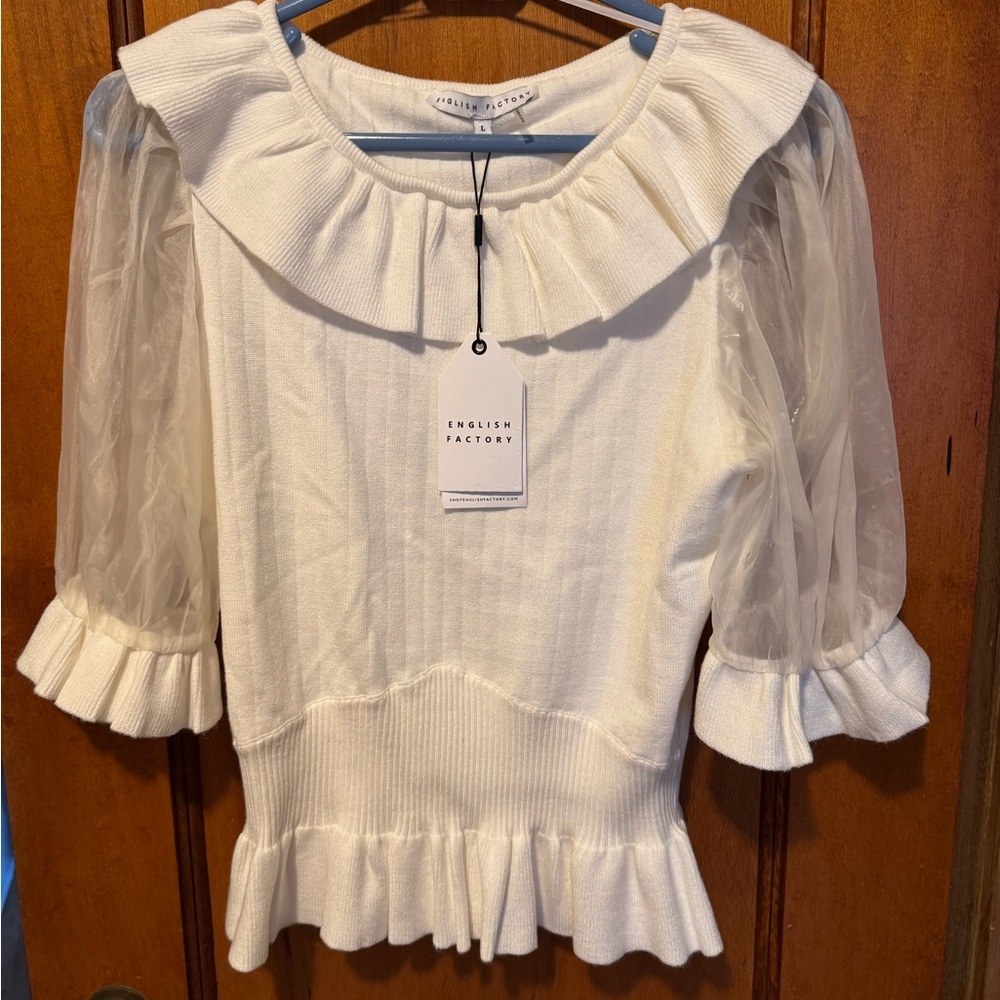 English Factory White Puff Sleeve Blouse with Ruffled Collar